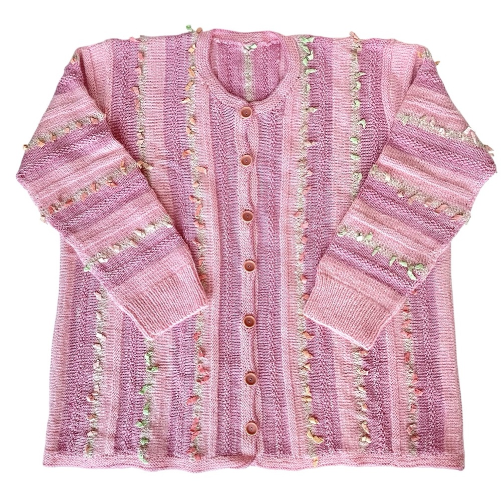 Hand Knit Cottagecore Striped Cardigan Sweater Ribbon Texture